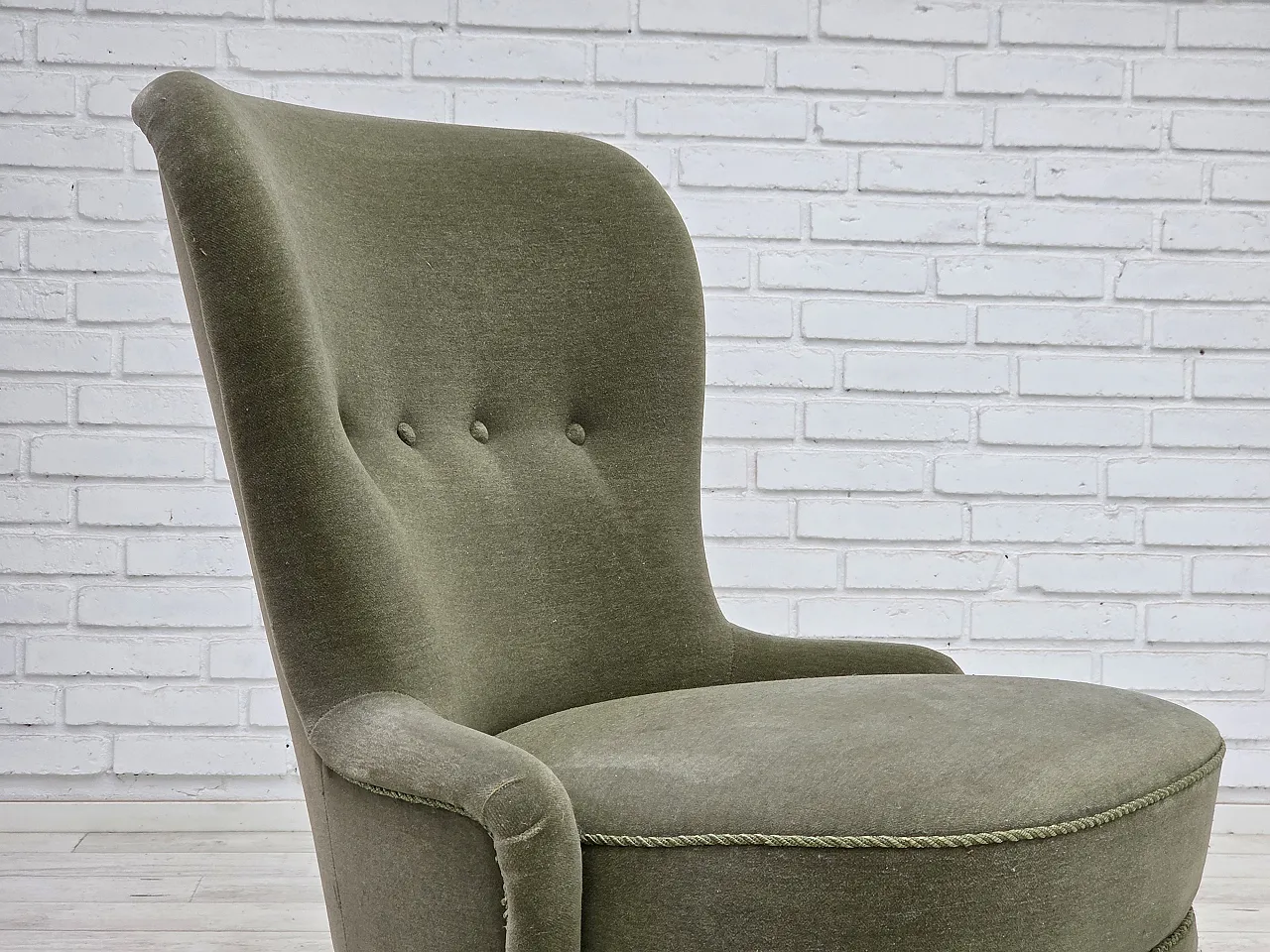 Anni '70, poltrona danese, velluto da arredamento verde. 4