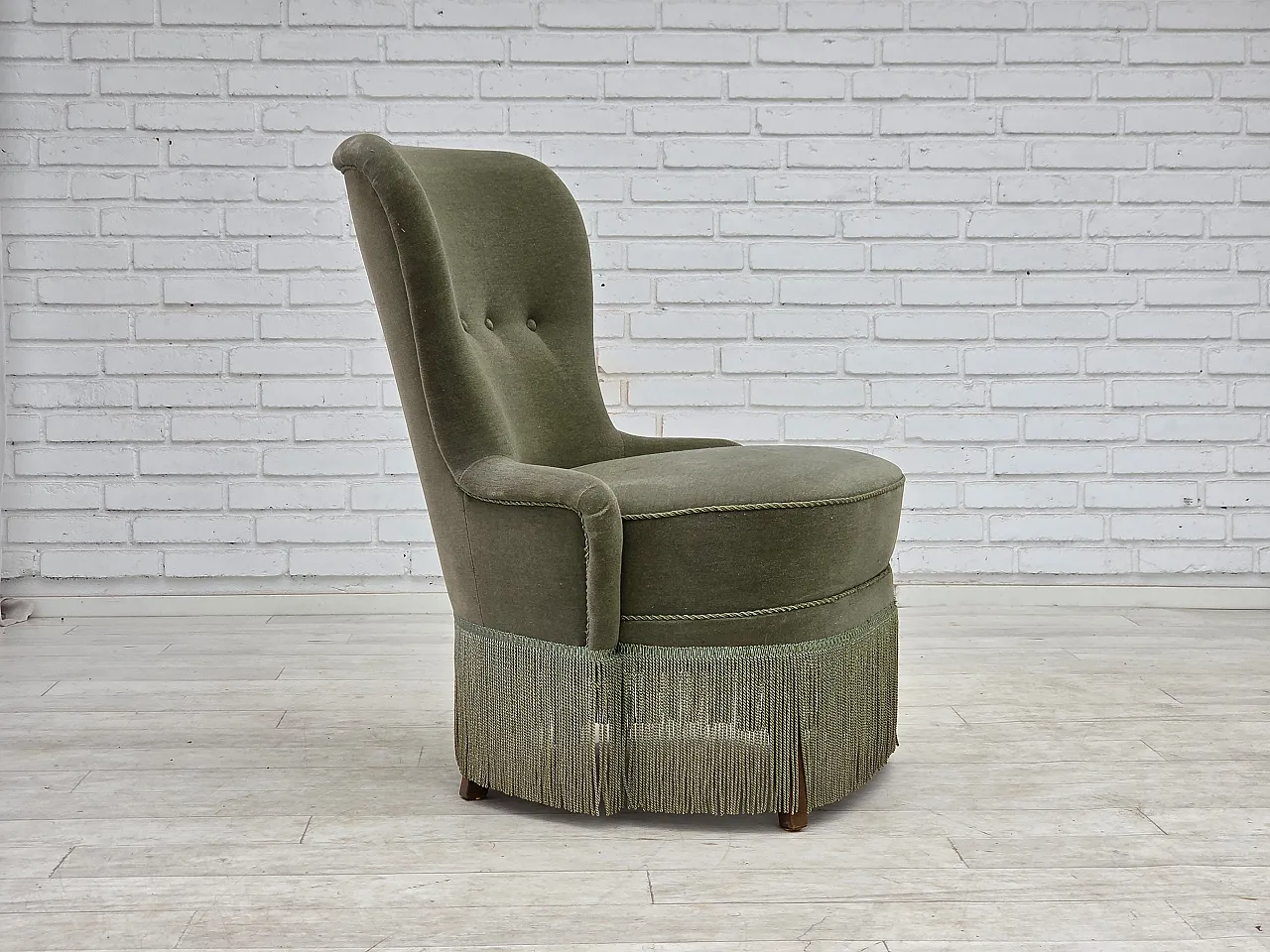 Anni '70, poltrona danese, velluto da arredamento verde. 5