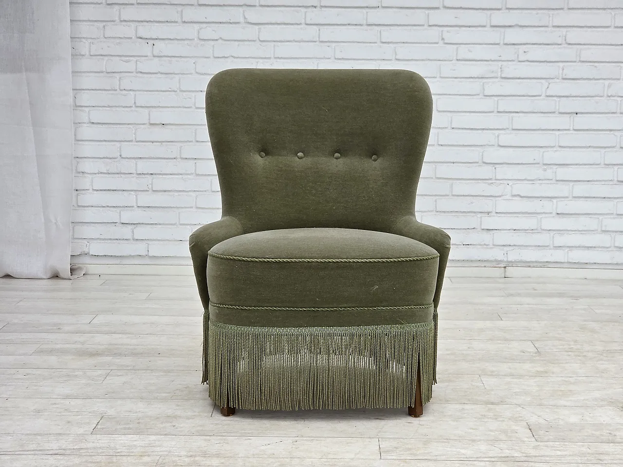Anni '70, poltrona danese, velluto da arredamento verde. 8