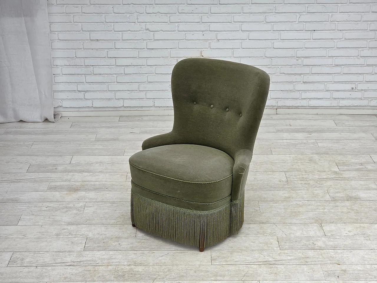 Anni '70, poltrona danese, velluto da arredamento verde. 14