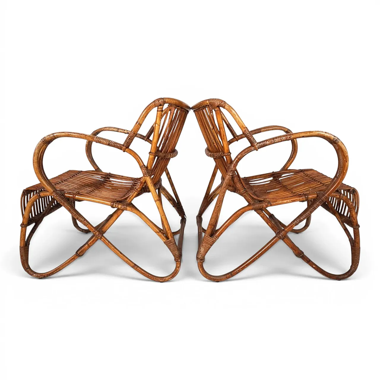 Pair of rattan bamboo lounge chairs, 1960s 1