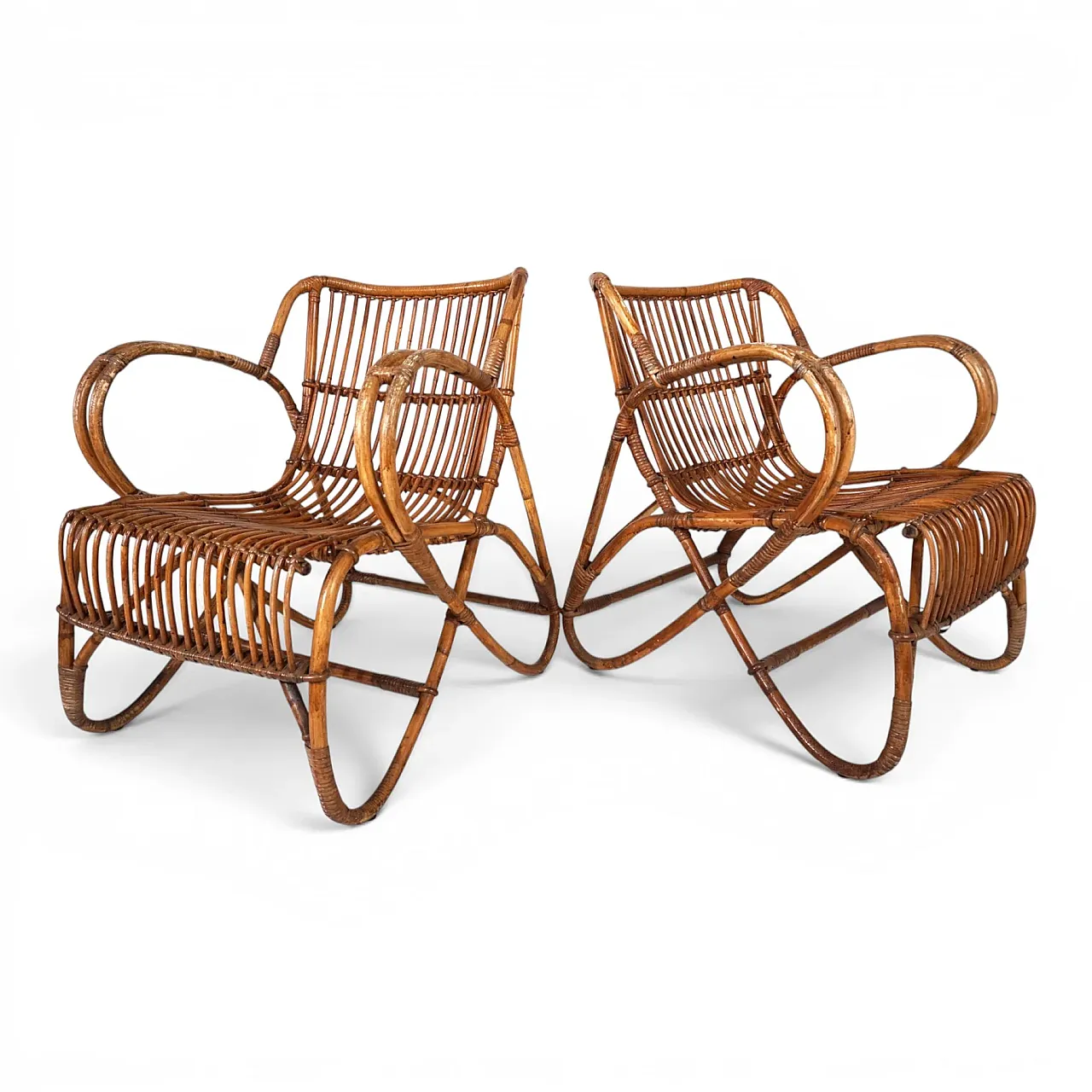 Pair of rattan bamboo lounge chairs, 1960s 2