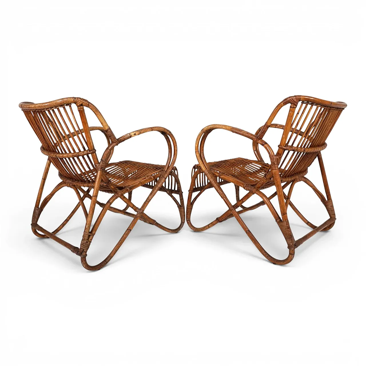 Pair of rattan bamboo lounge chairs, 1960s 3