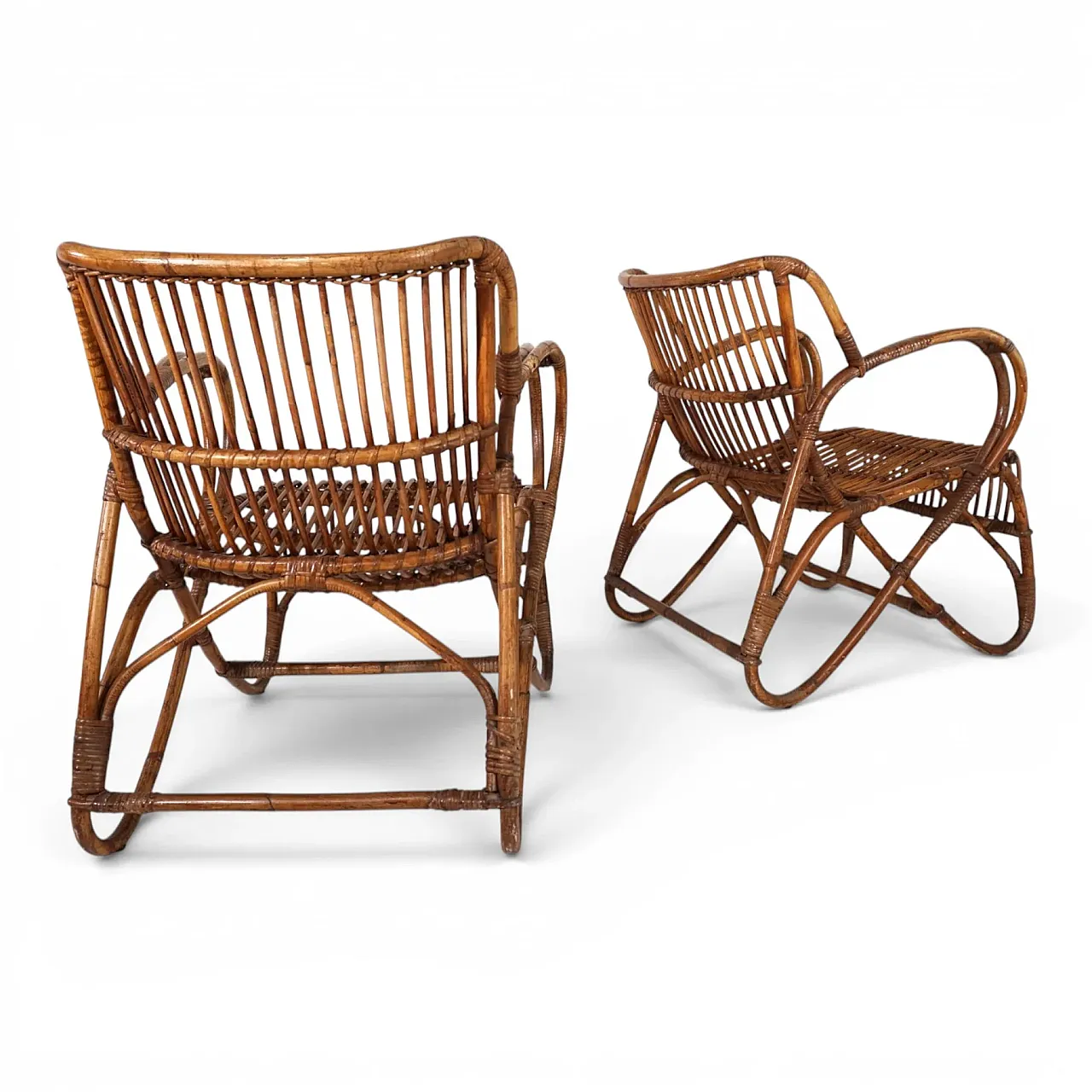 Pair of rattan bamboo lounge chairs, 1960s 4