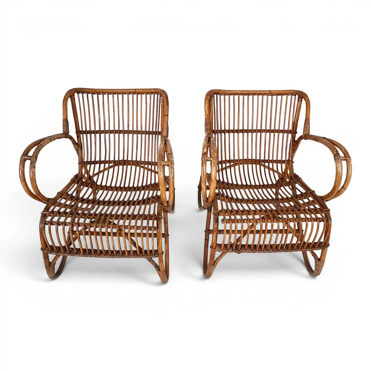 Pair of rattan bamboo lounge chairs, 1960s 5