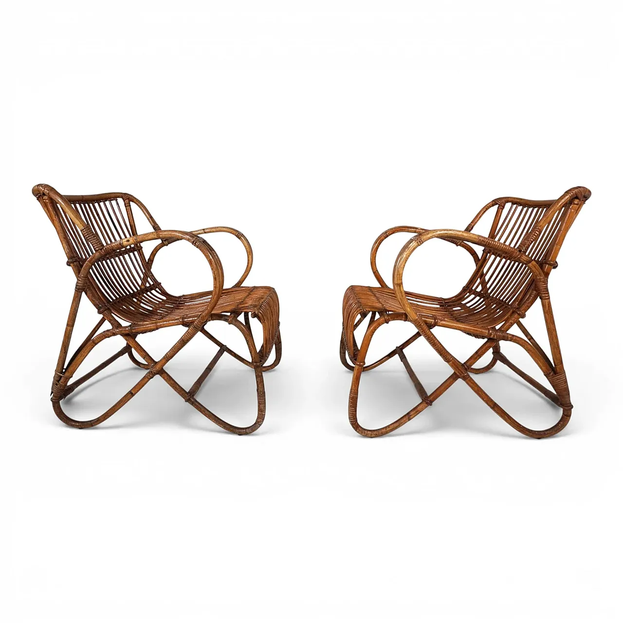 Pair of rattan bamboo lounge chairs, 1960s 9