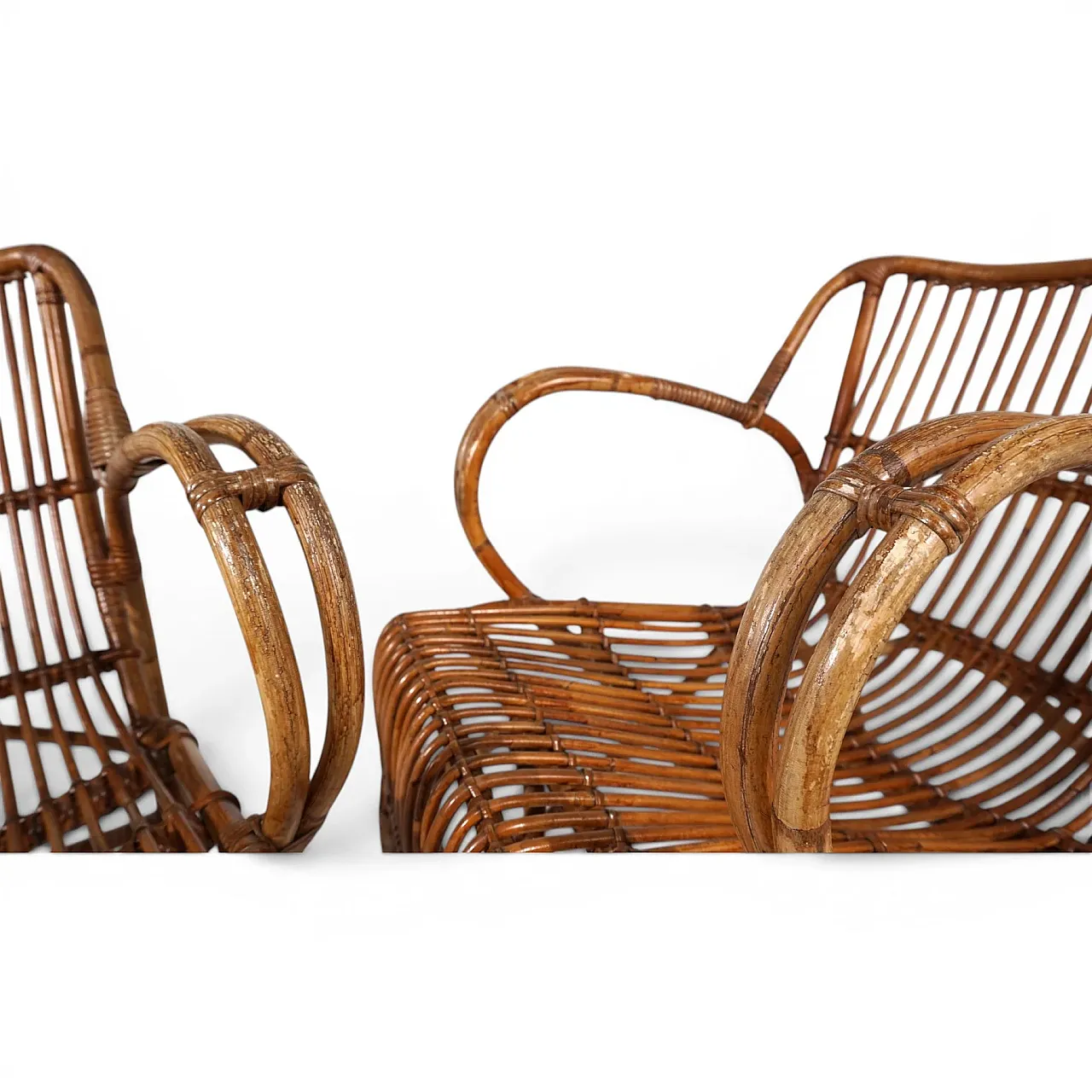 Pair of rattan bamboo lounge chairs, 1960s 10