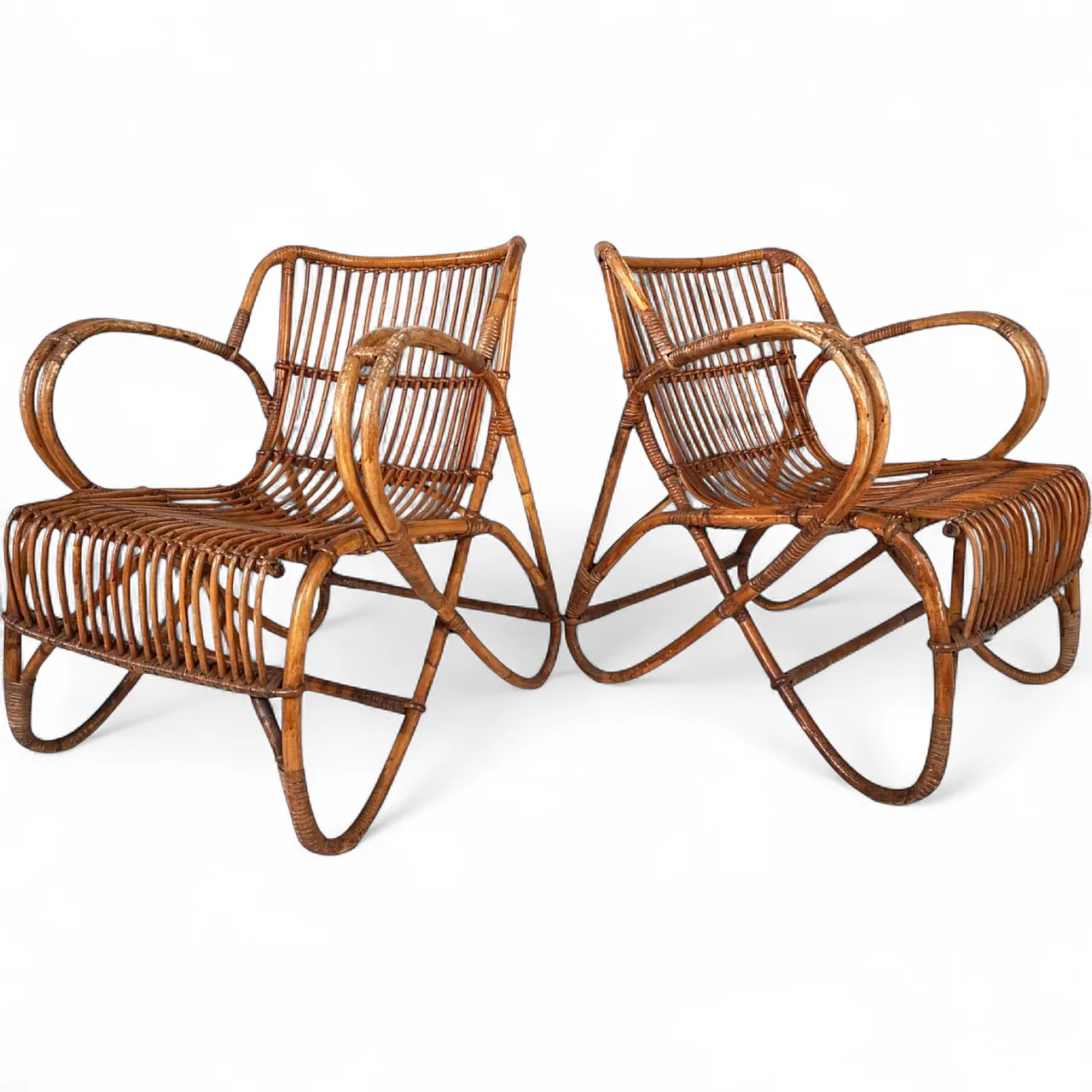 Pair of rattan bamboo lounge chairs, 1960s 12