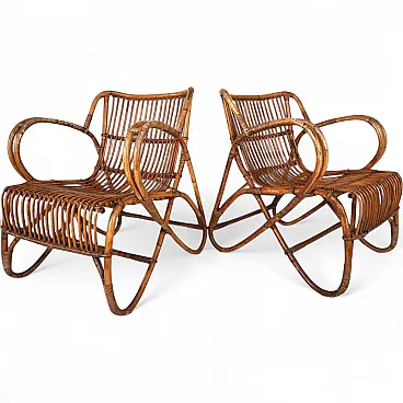 Coppia di sedie a sdraio in rattan e bambù, anni '60