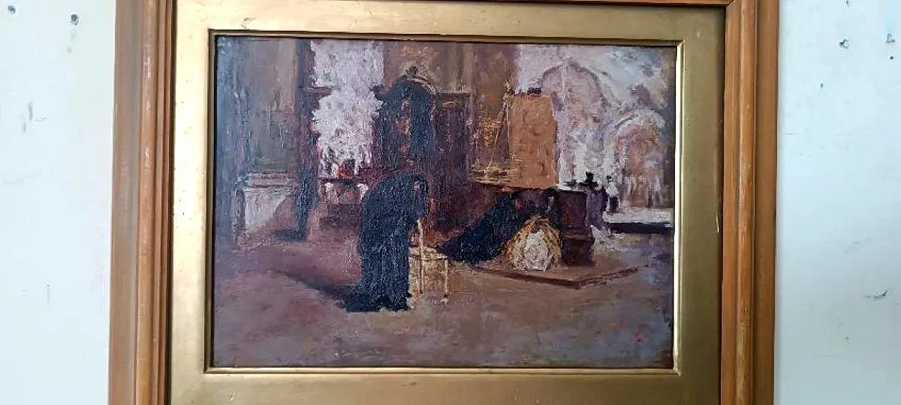 Church interior, oil on panel, early 20th century 3