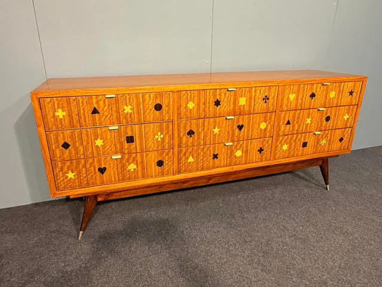 Wooden chest of drawers with brass handles, 1950s 3