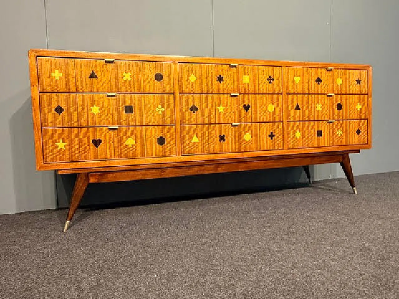 Wooden chest of drawers with brass handles, 1950s 4