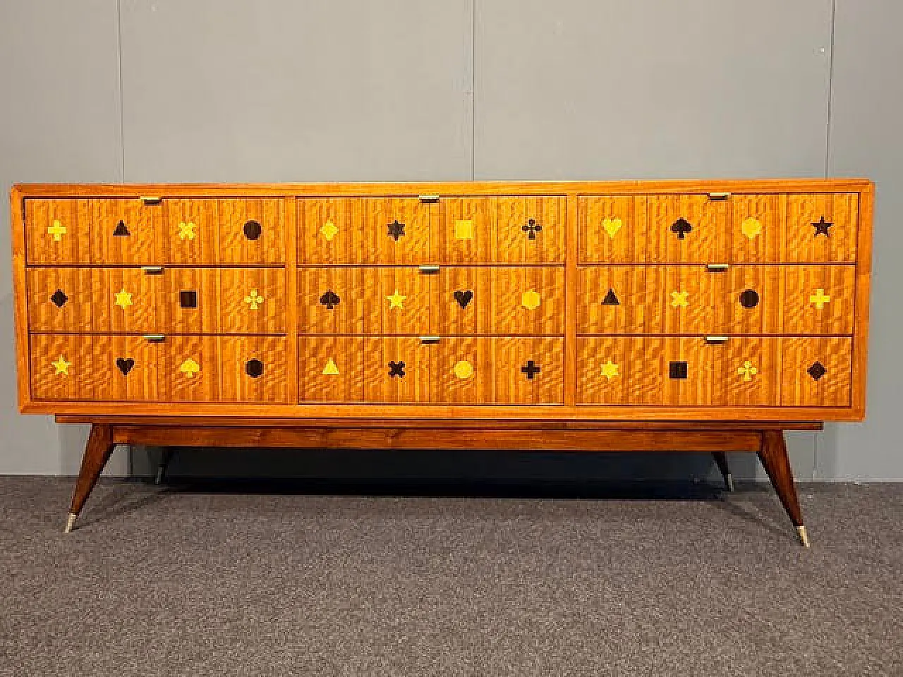 Wooden chest of drawers with brass handles, 1950s 5
