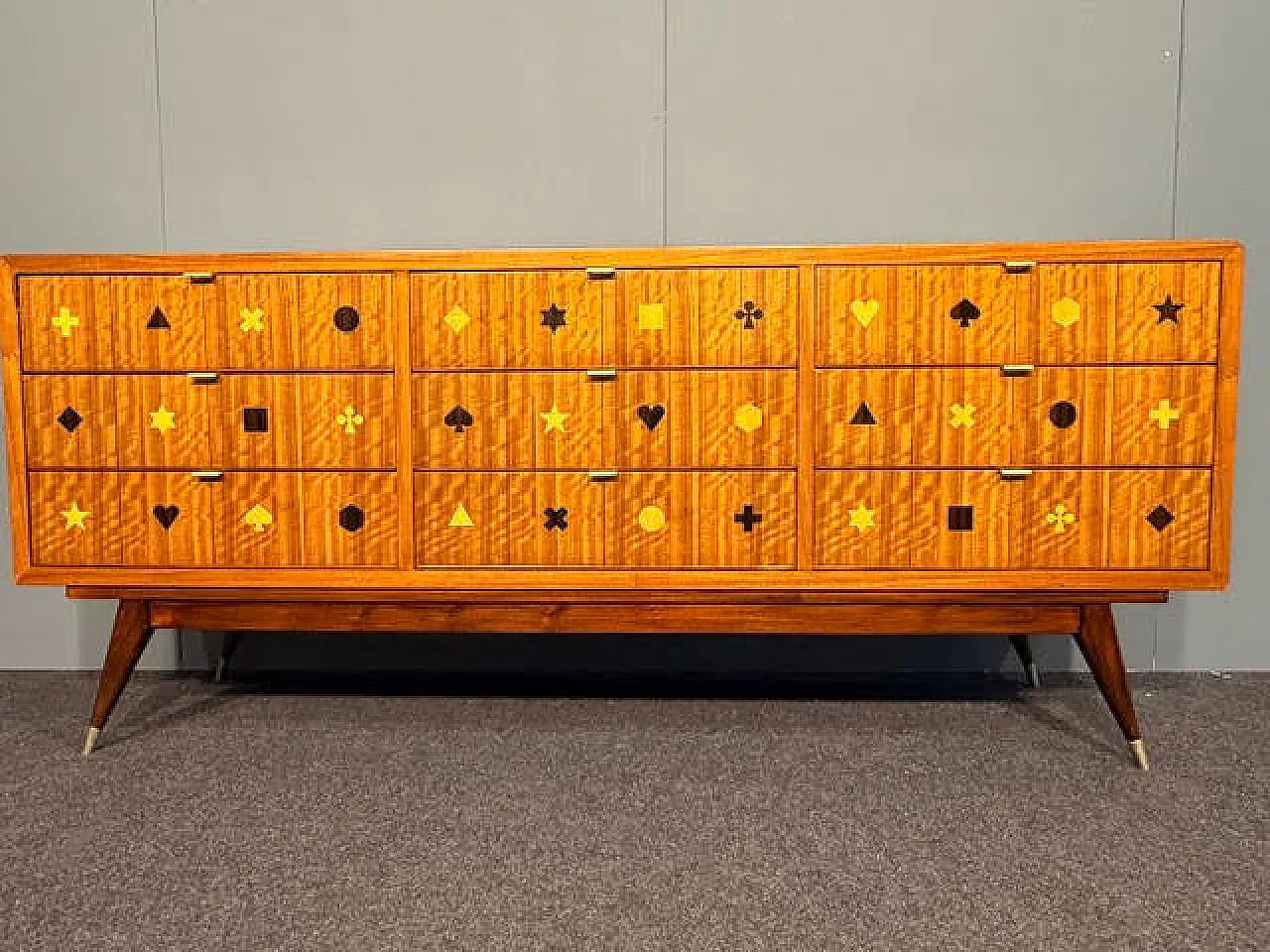 Wooden chest of drawers with brass handles, 1950s 7