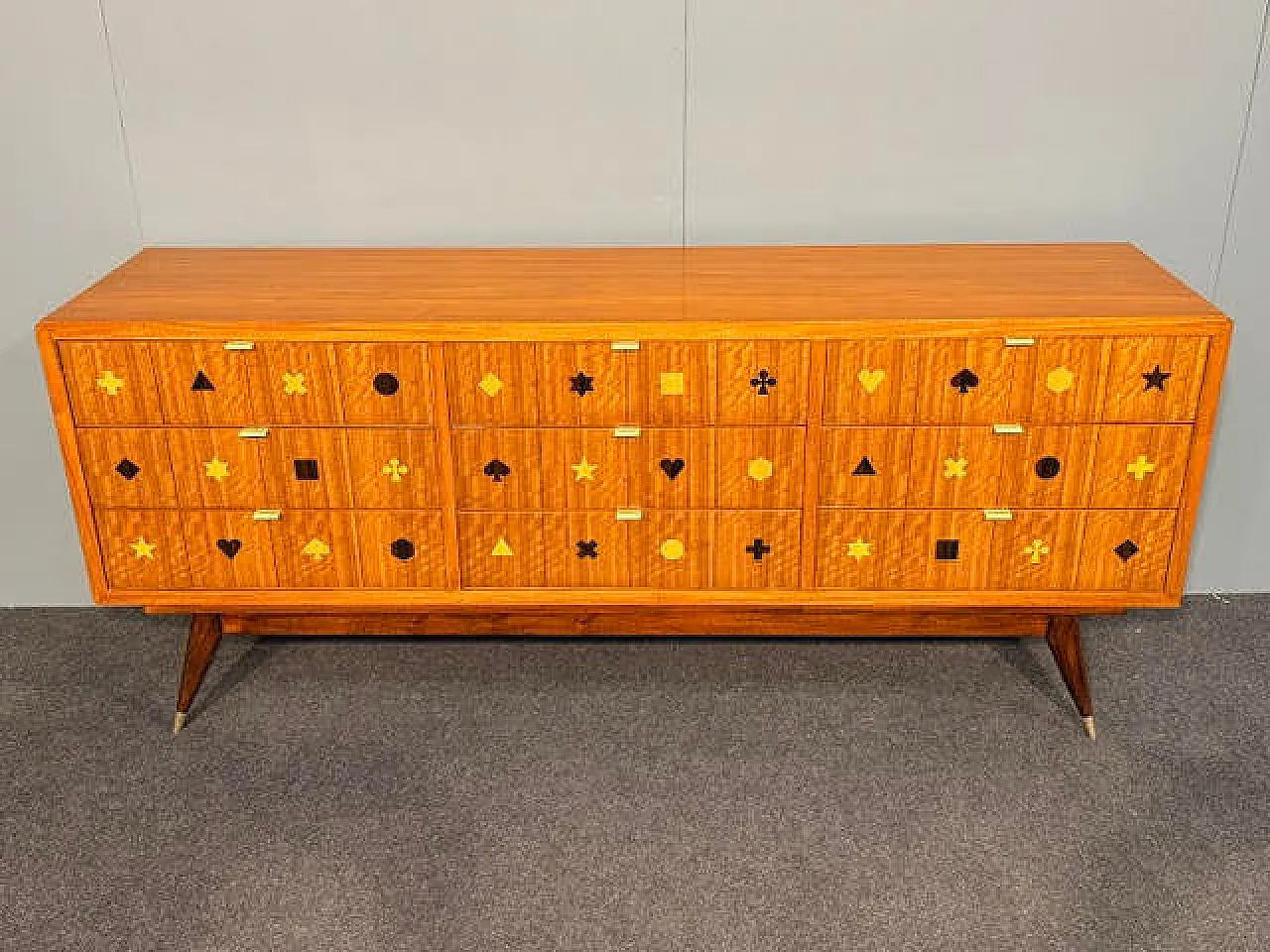 Wooden chest of drawers with brass handles, 1950s 8