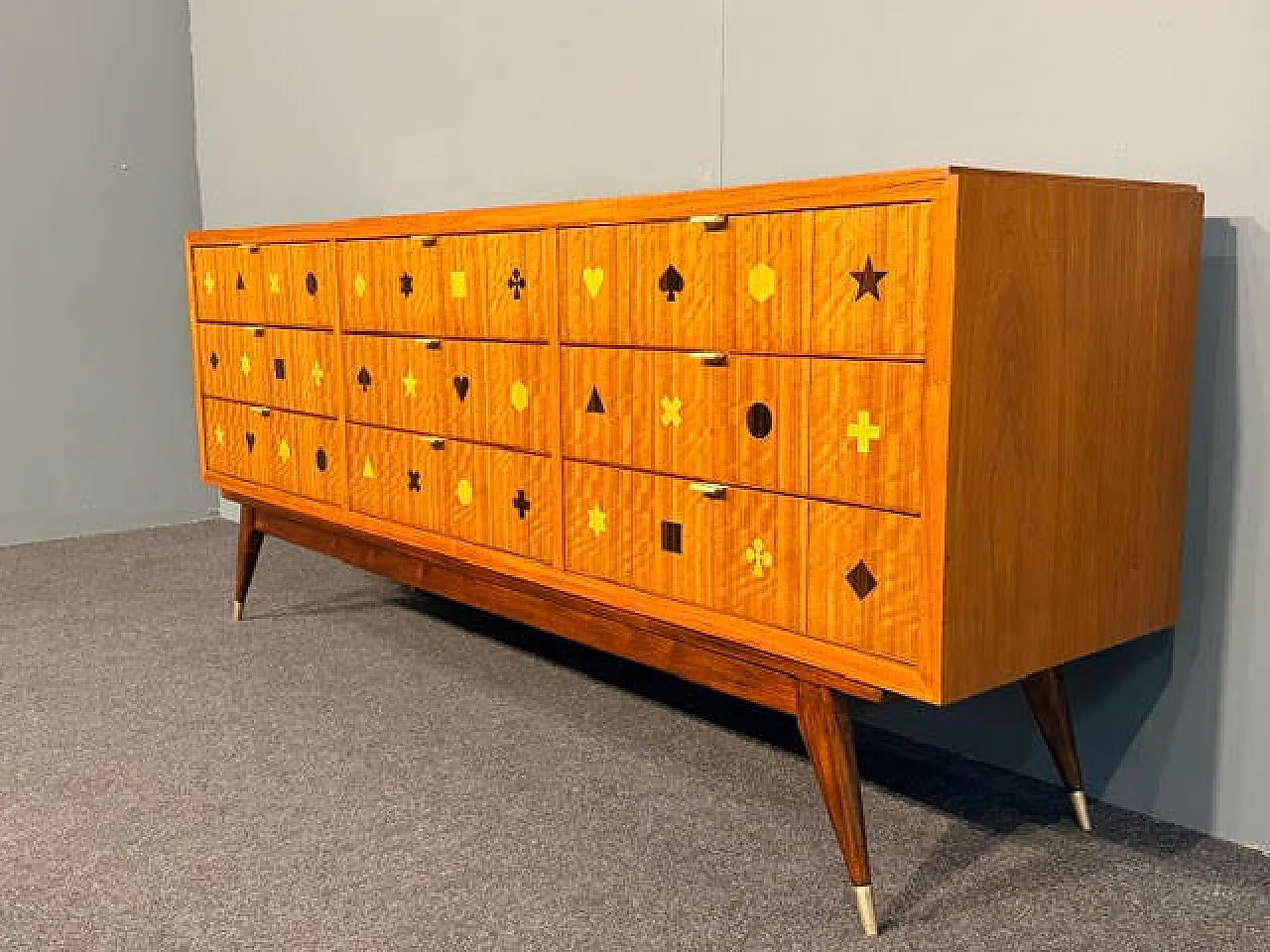 Wooden chest of drawers with brass handles, 1950s 9