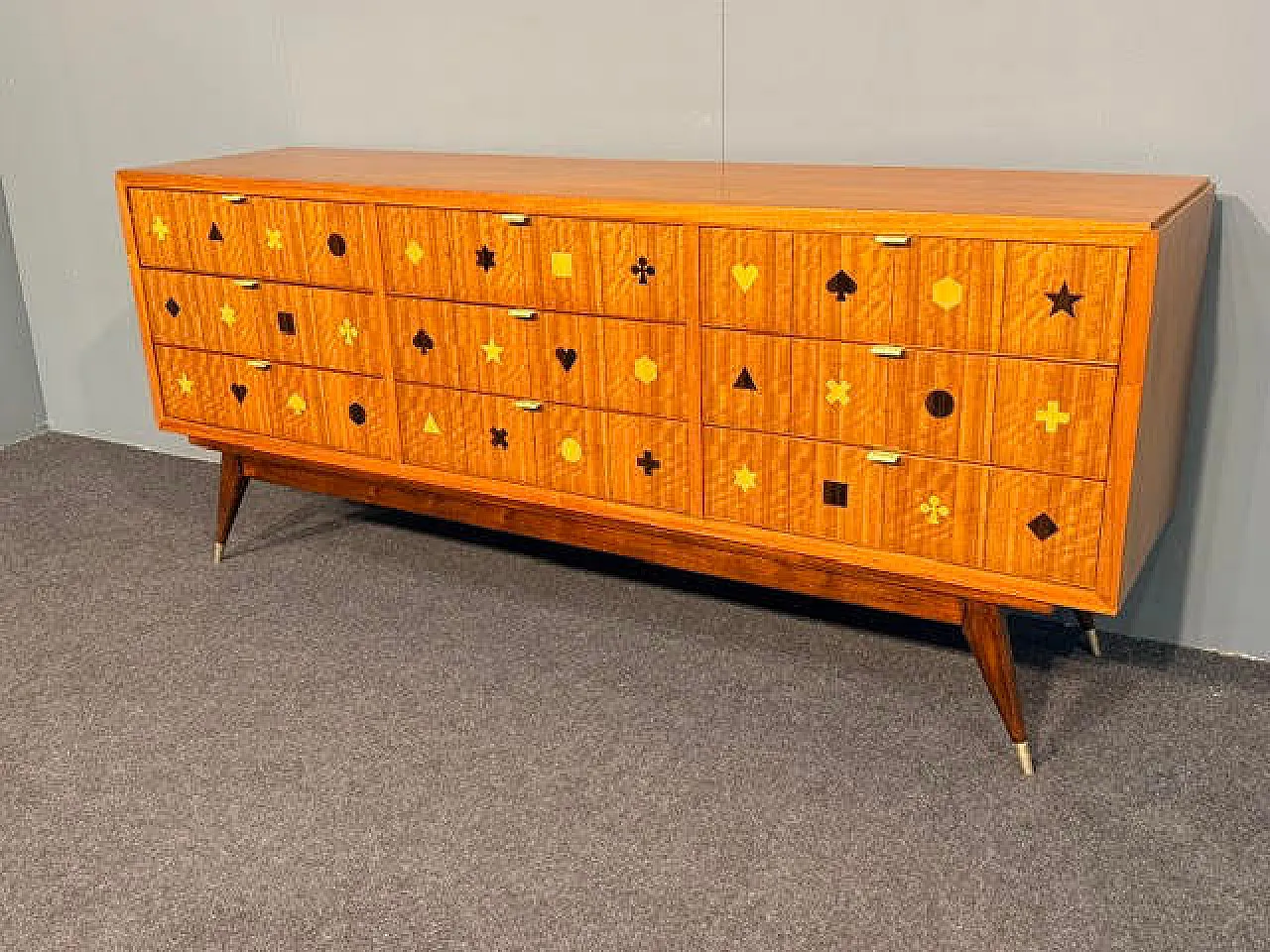 Wooden chest of drawers with brass handles, 1950s 10