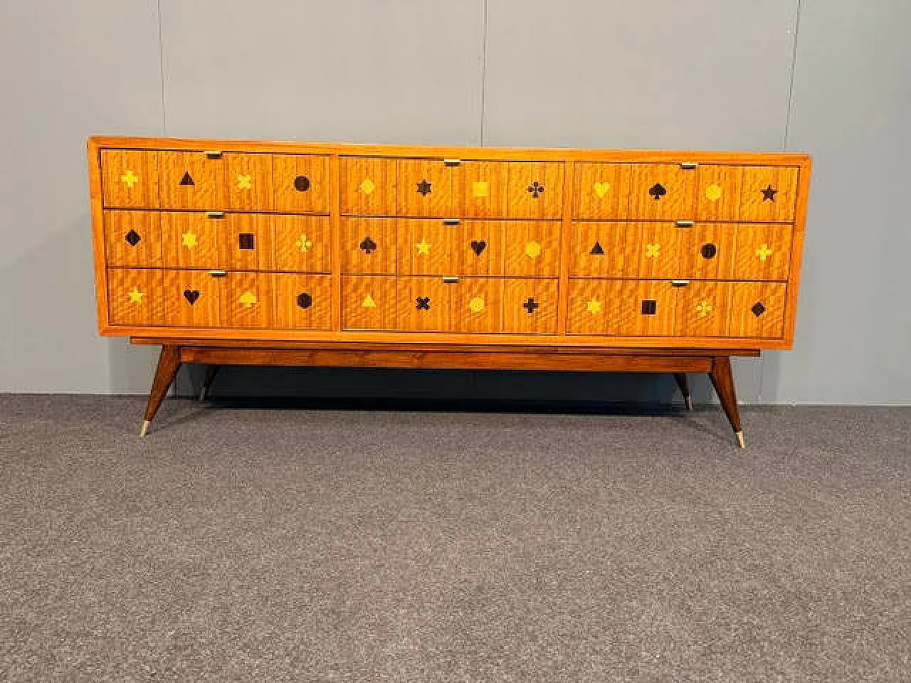 Wooden chest of drawers with brass handles, 1950s 11