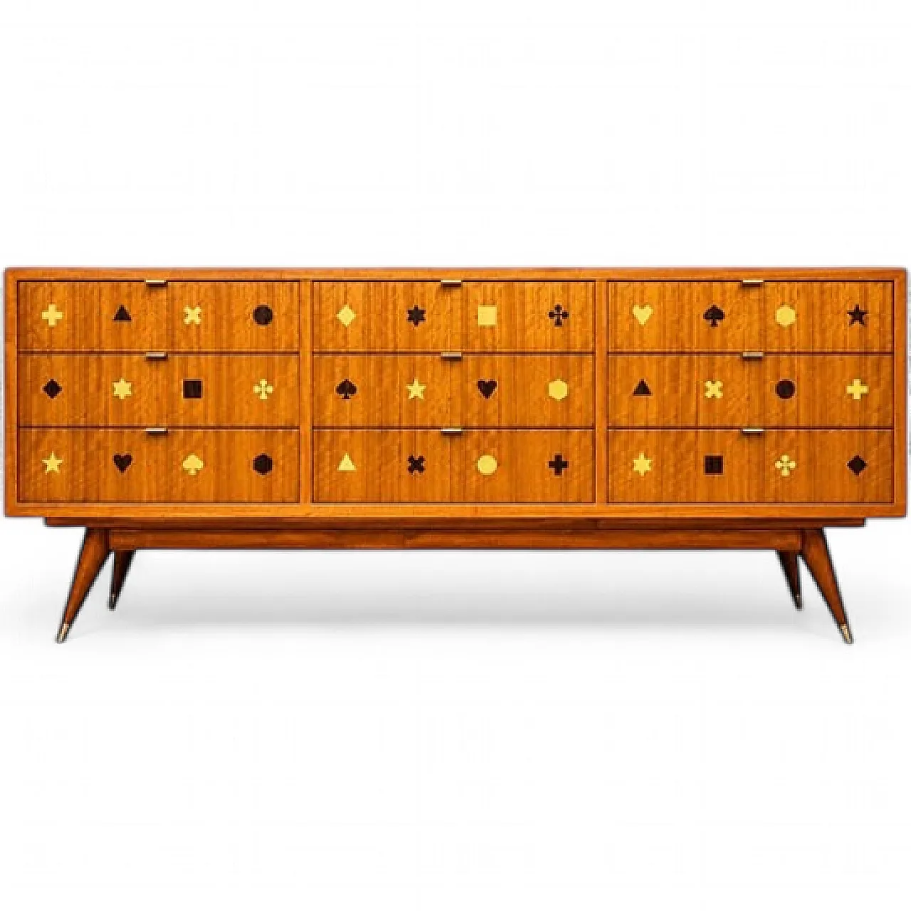 Wooden chest of drawers with brass handles, 1950s 12