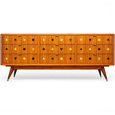Wooden chest of drawers with brass handles, 1950s