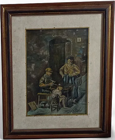 Dipinto ad olio scuola italiana scena popolare, anni '60