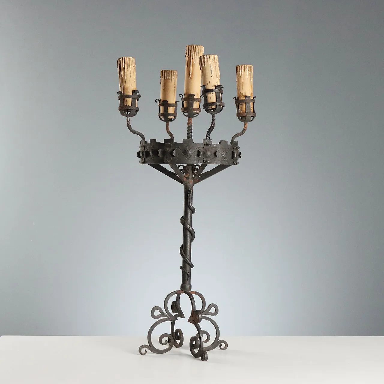 Wrought iron torch holder with coiled snake, late 19th century 1