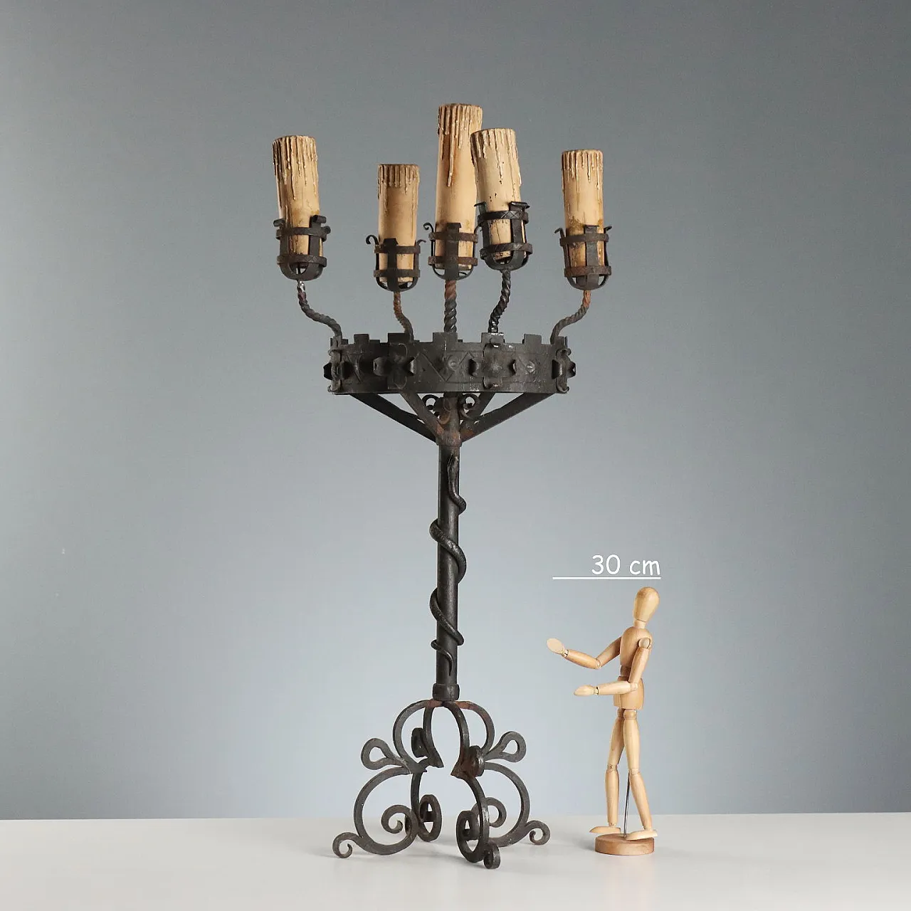 Wrought iron torch holder with coiled snake, late 19th century 2