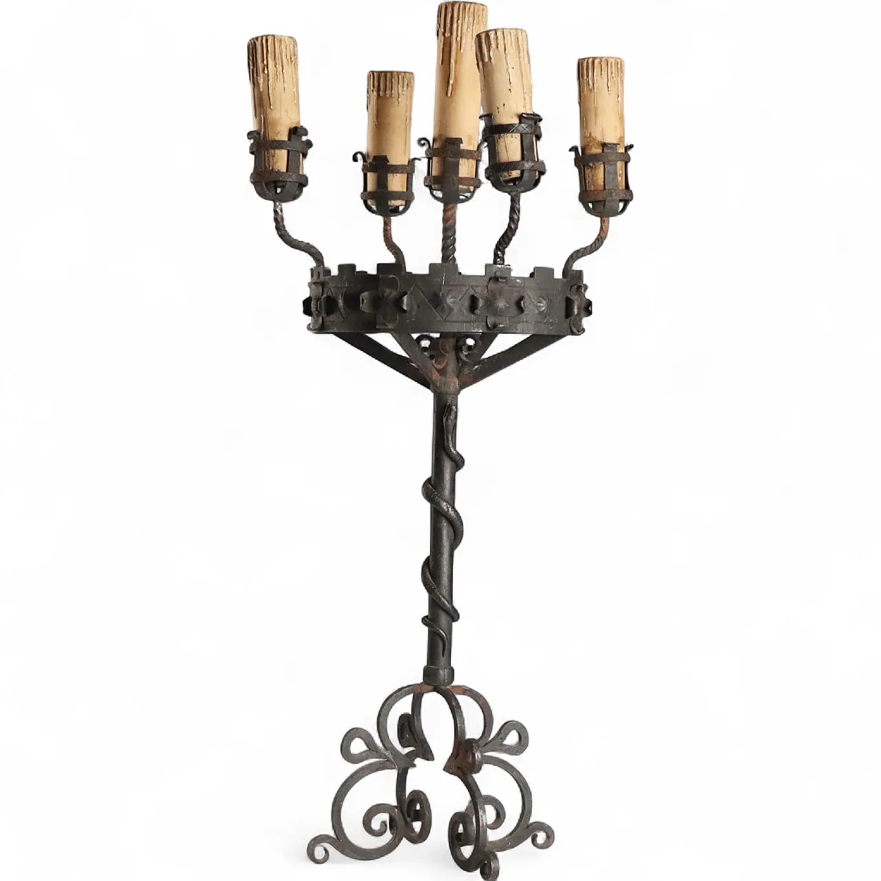 Wrought iron torch holder with coiled snake, late 19th century 9