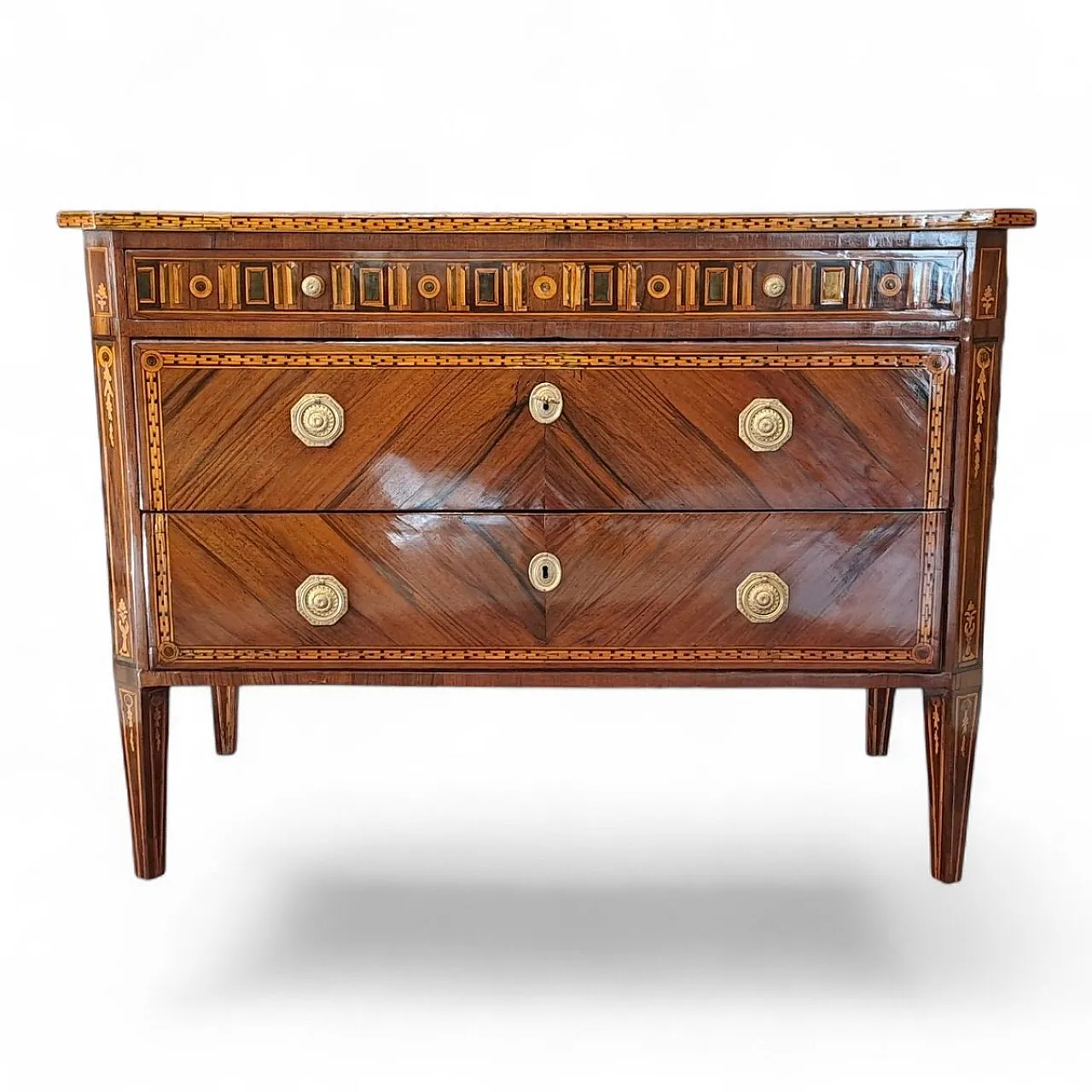 Louis XVI inlaid chest of drawers in walnut, 19th century 11