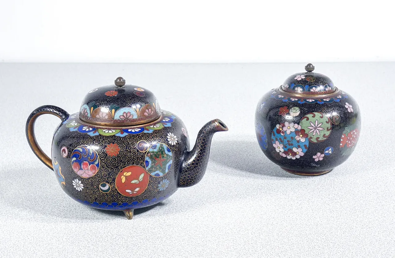 Teiera e zuccheriera in cloisonné, primo '900 1