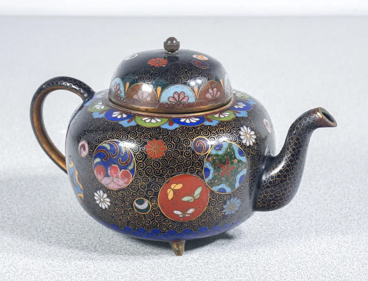 Teiera e zuccheriera in cloisonné, primo '900 2