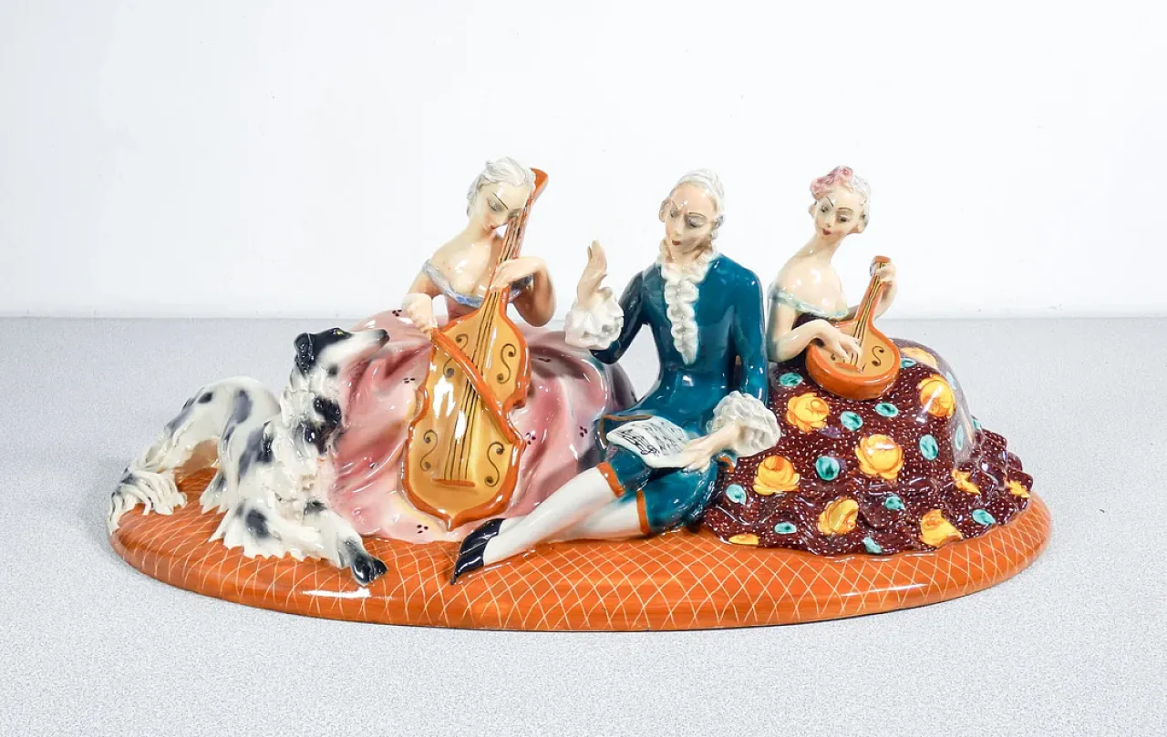 Concerto con musicisti e cane, scultura in ceramica smaltata, anni '50 1