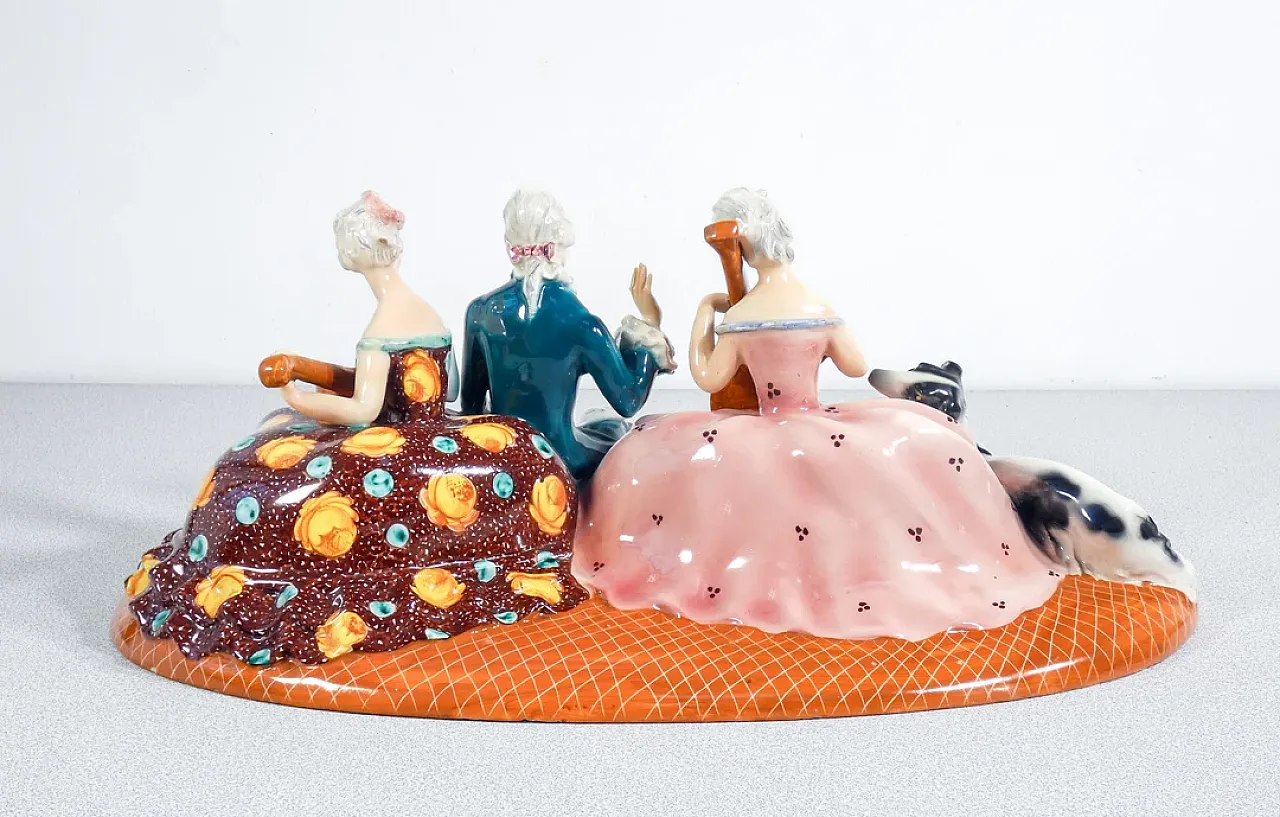Concerto con musicisti e cane, scultura in ceramica smaltata, anni '50 12