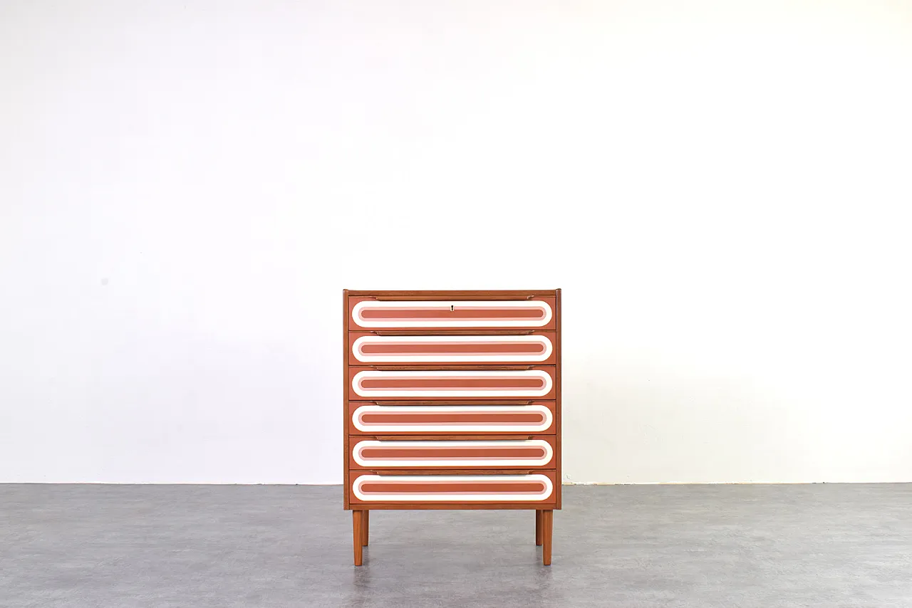 Cassettiera Mid-Century Op-Art in teak dipinta a mano, anni '60. 1