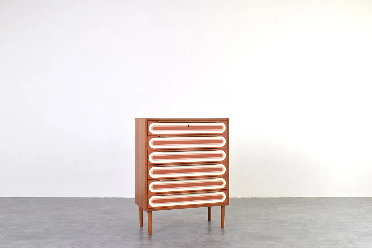 Cassettiera Mid-Century Op-Art in teak dipinta a mano, anni '60. 2