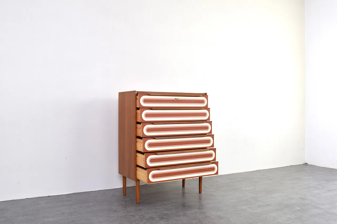 Cassettiera Mid-Century Op-Art in teak dipinta a mano, anni '60. 9