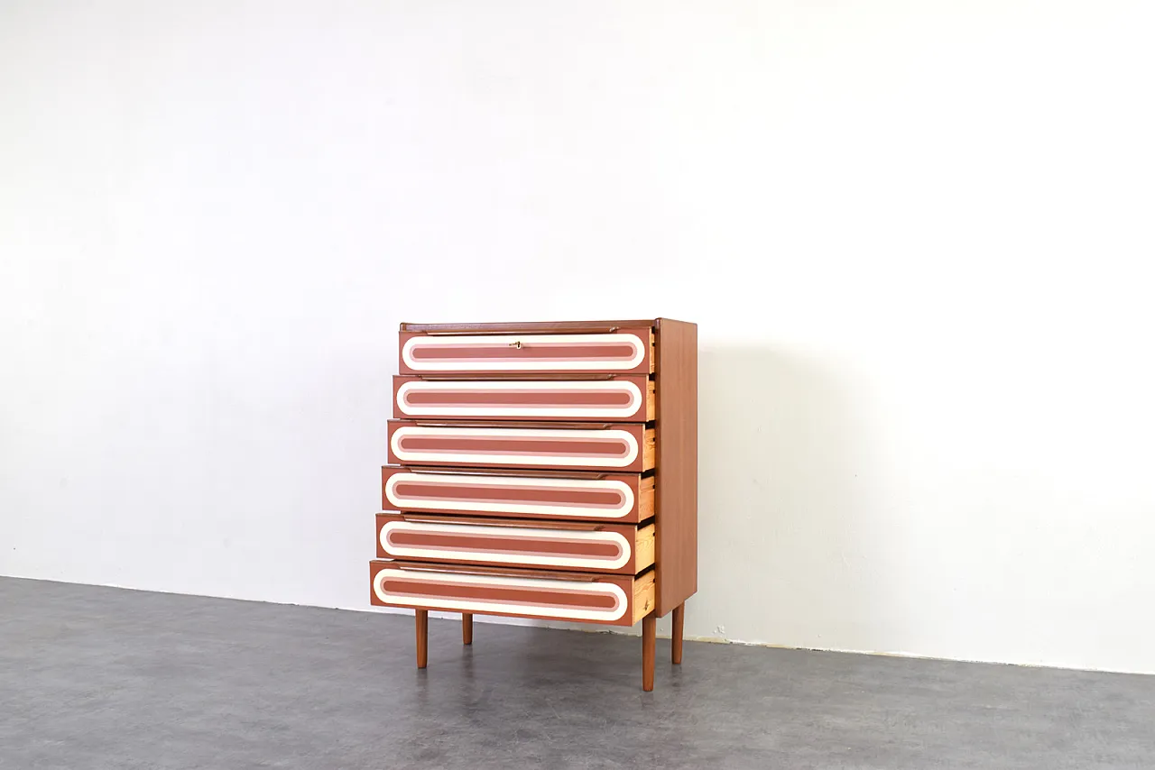 Cassettiera Mid-Century Op-Art in teak dipinta a mano, anni '60. 10