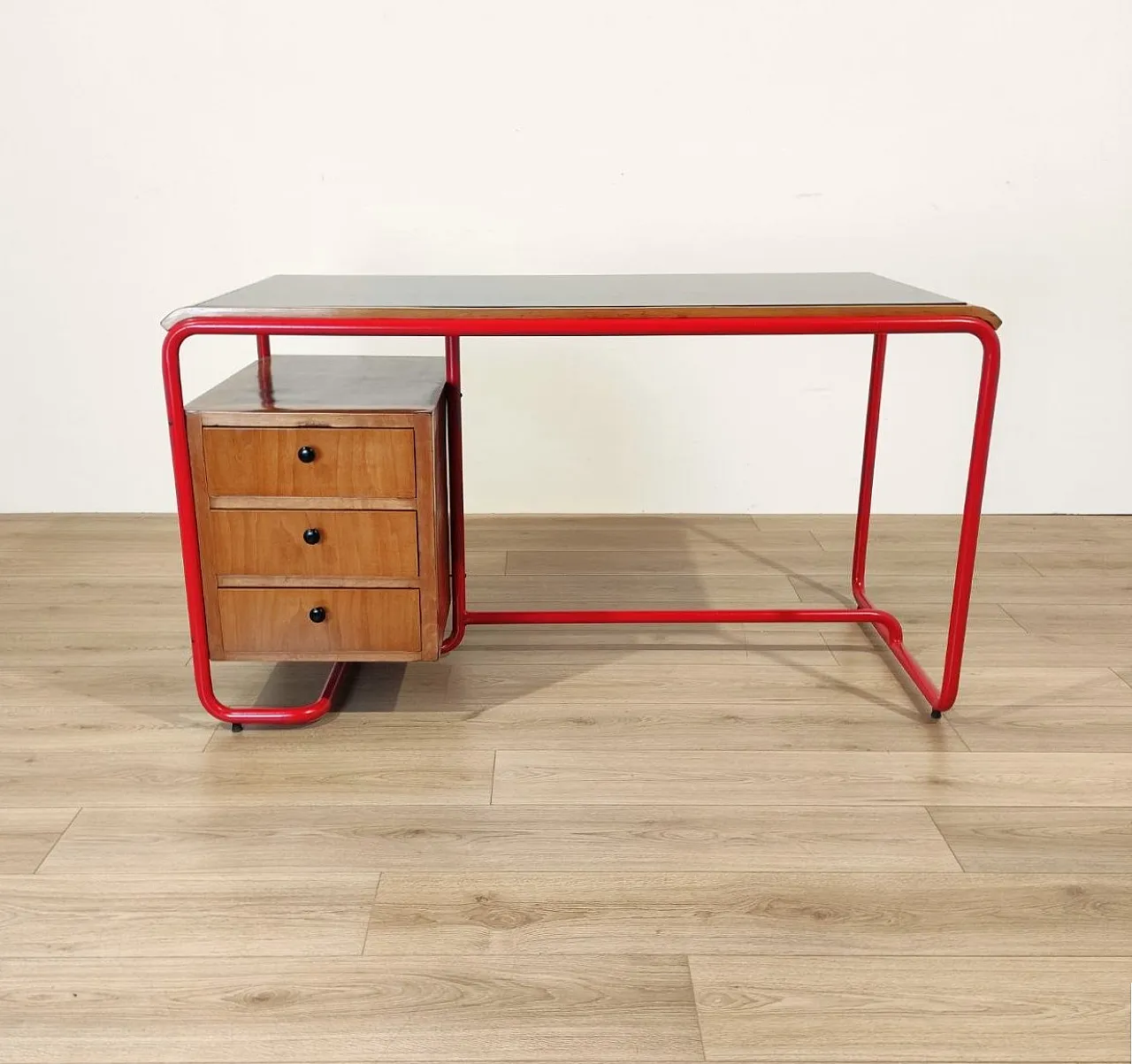 Bauhaus style desk in red tubular, wood and glass, 1950s 1