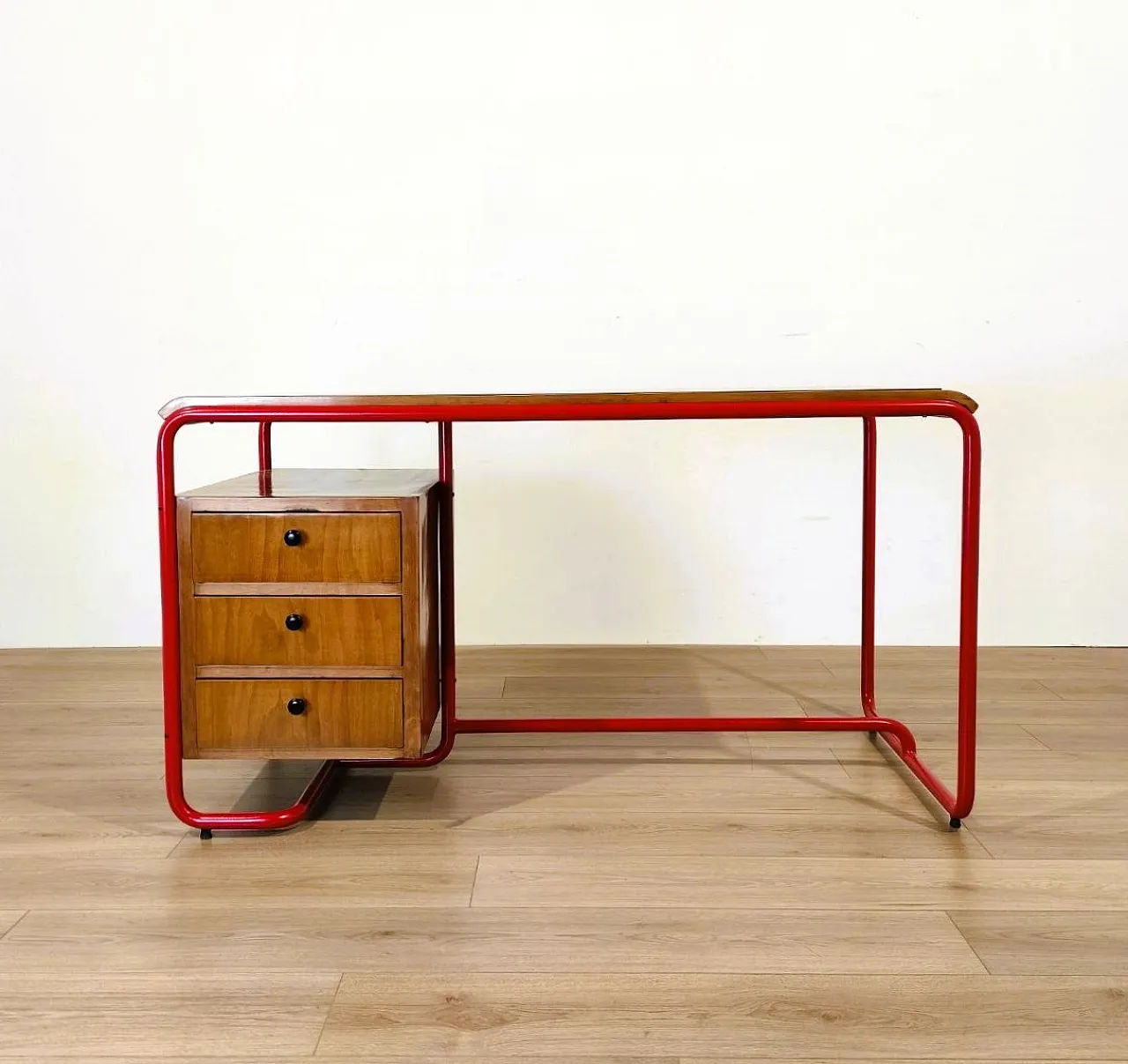 Bauhaus style desk in red tubular, wood and glass, 1950s 2