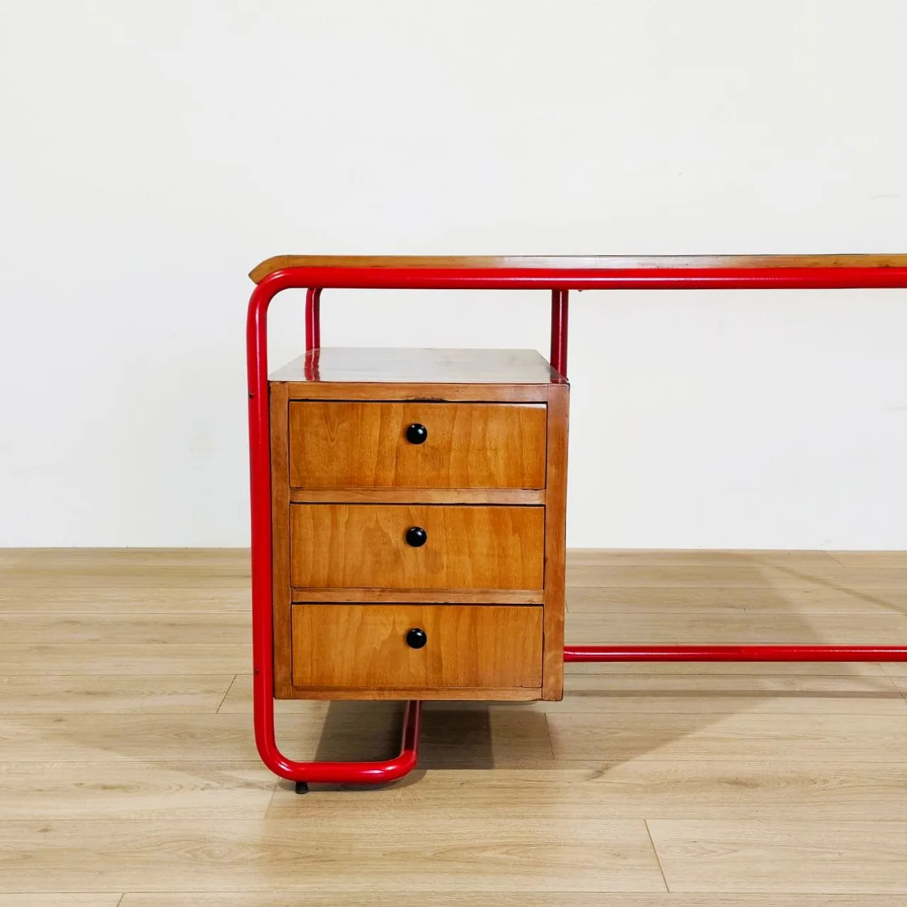 Bauhaus style desk in red tubular, wood and glass, 1950s 3