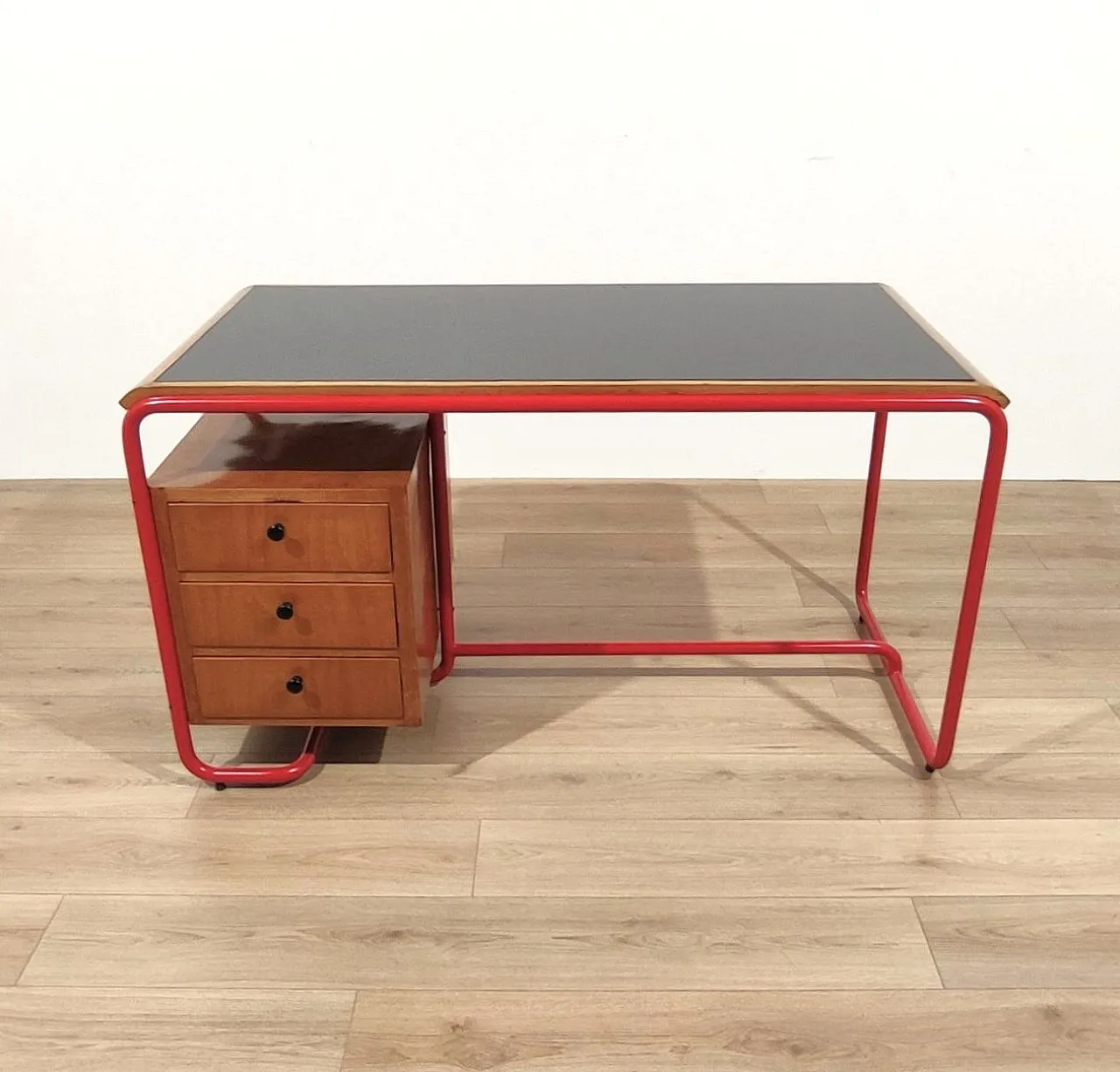 Bauhaus style desk in red tubular, wood and glass, 1950s 4
