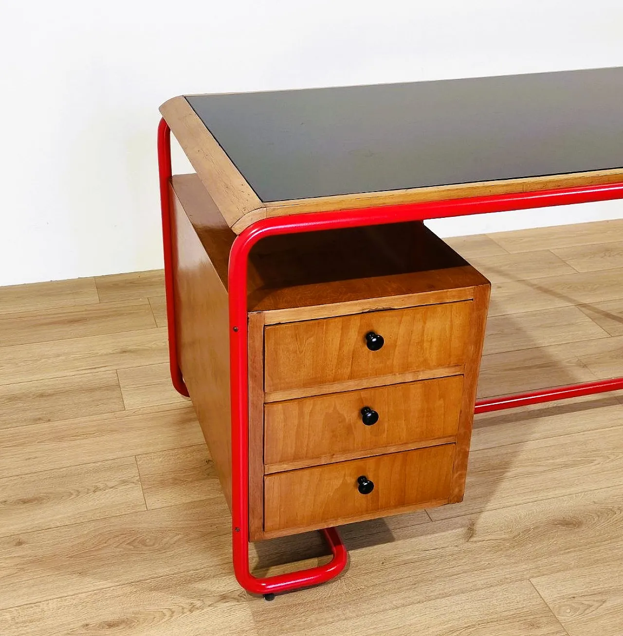 Bauhaus style desk in red tubular, wood and glass, 1950s 5