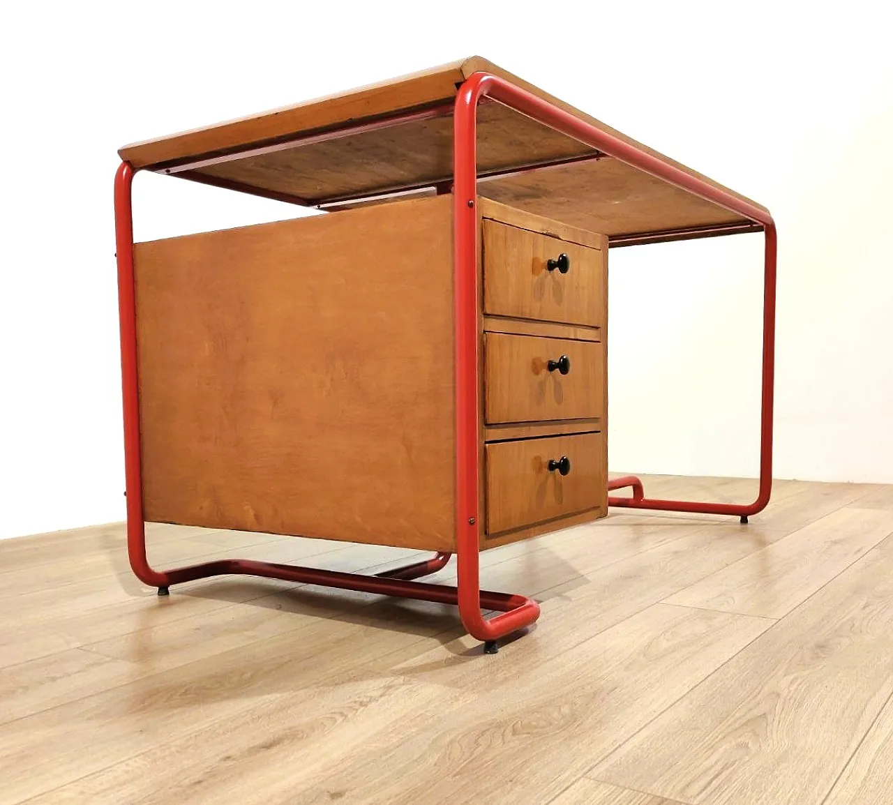 Bauhaus style desk in red tubular, wood and glass, 1950s 6