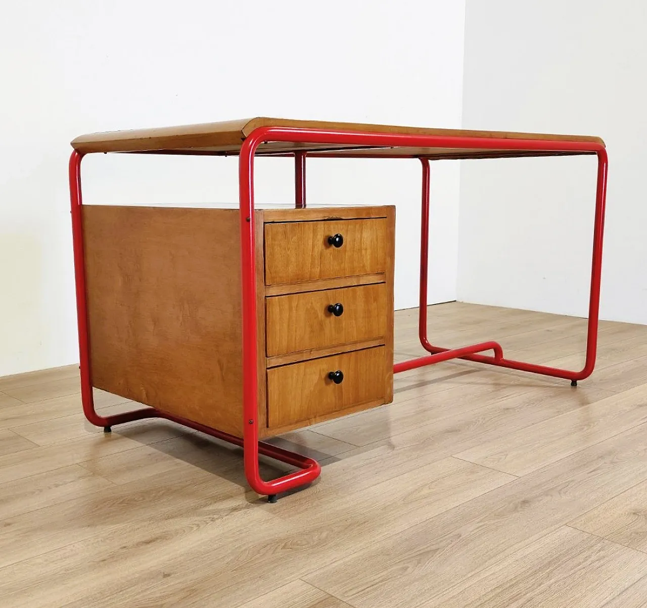 Bauhaus style desk in red tubular, wood and glass, 1950s 7