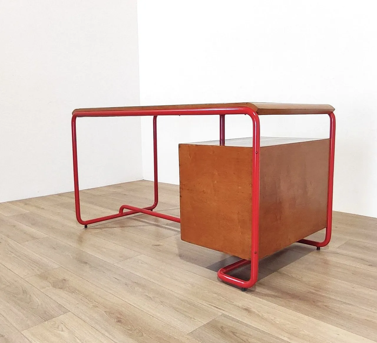 Bauhaus style desk in red tubular, wood and glass, 1950s 8