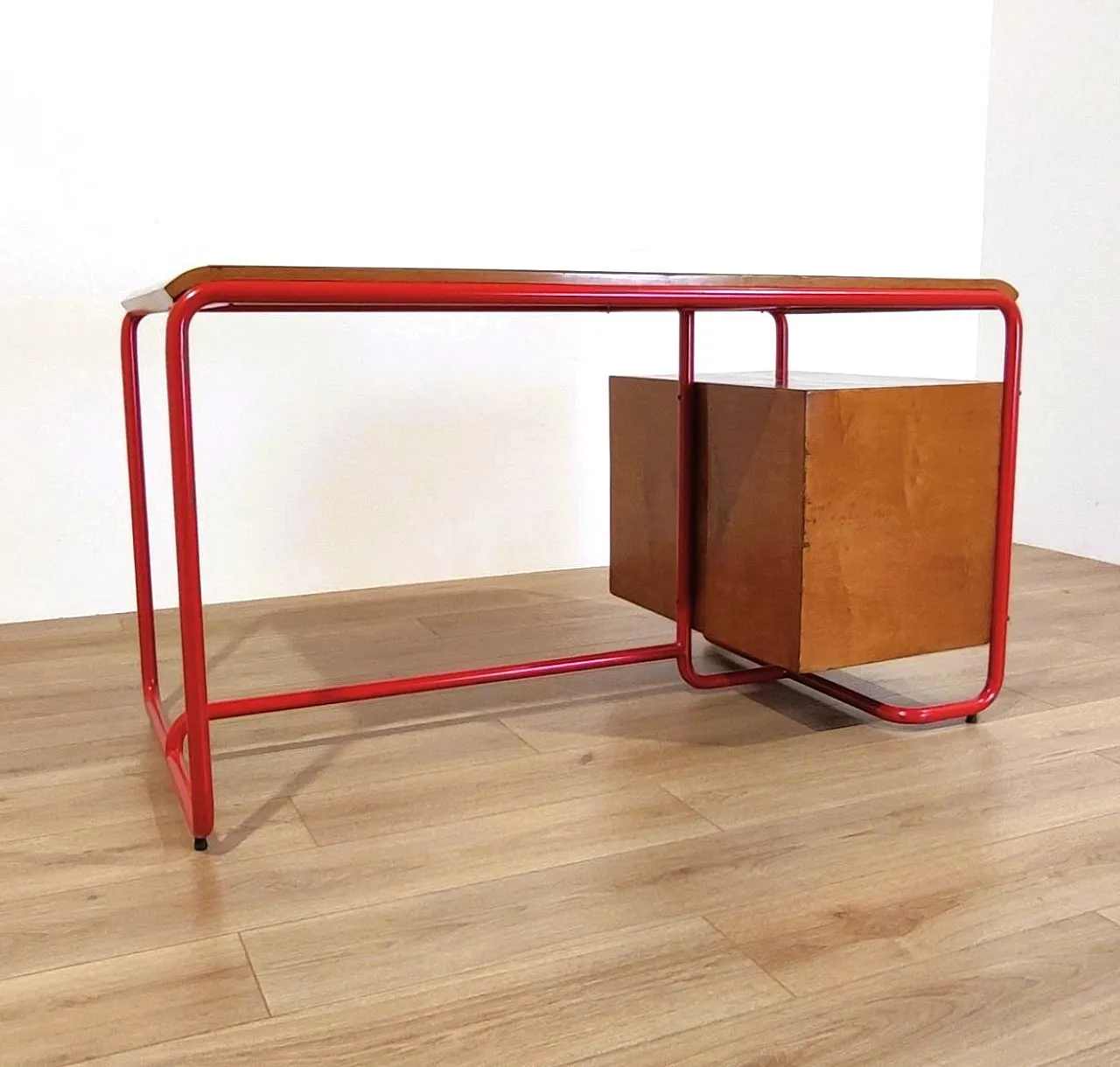 Bauhaus style desk in red tubular, wood and glass, 1950s 9