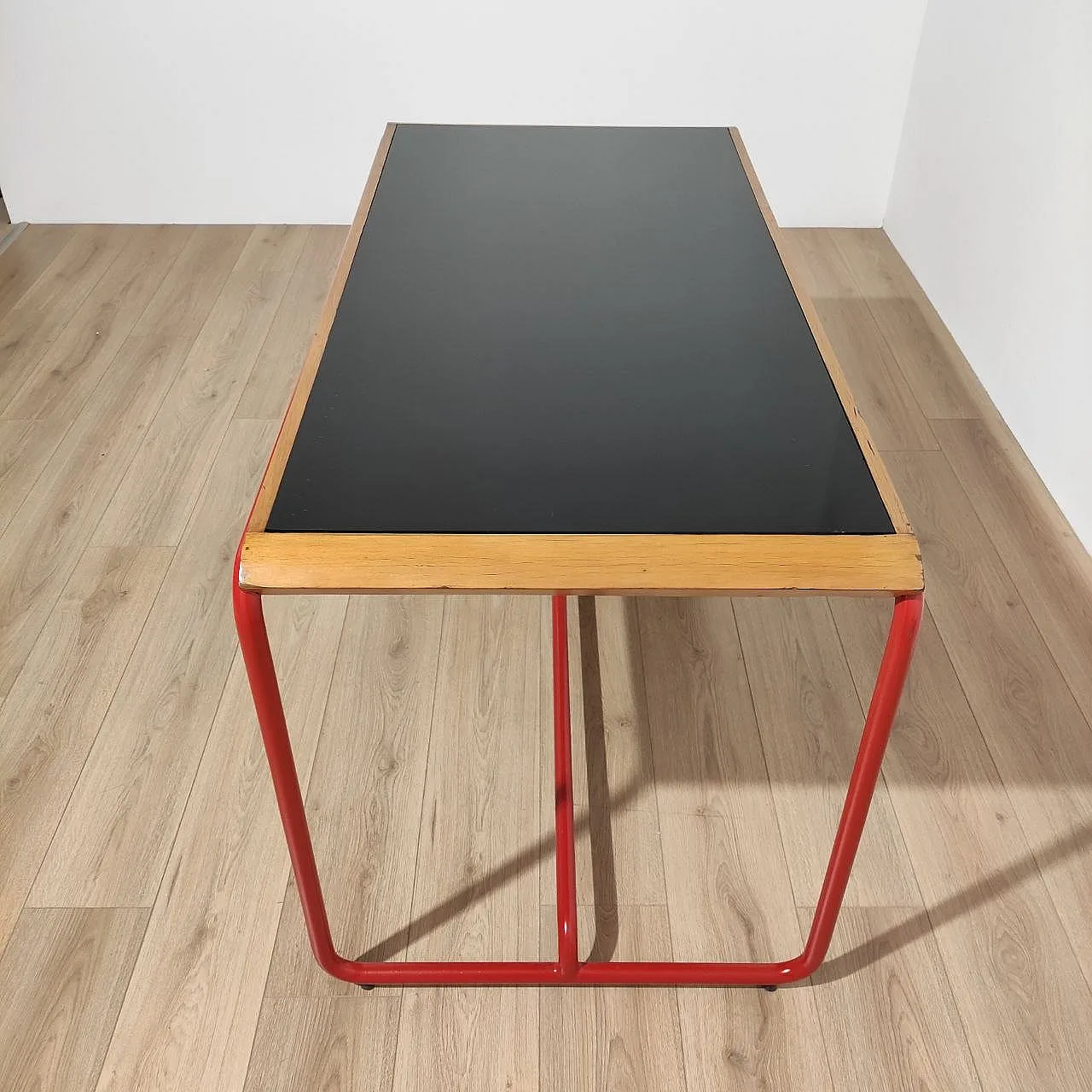 Bauhaus style desk in red tubular, wood and glass, 1950s 10
