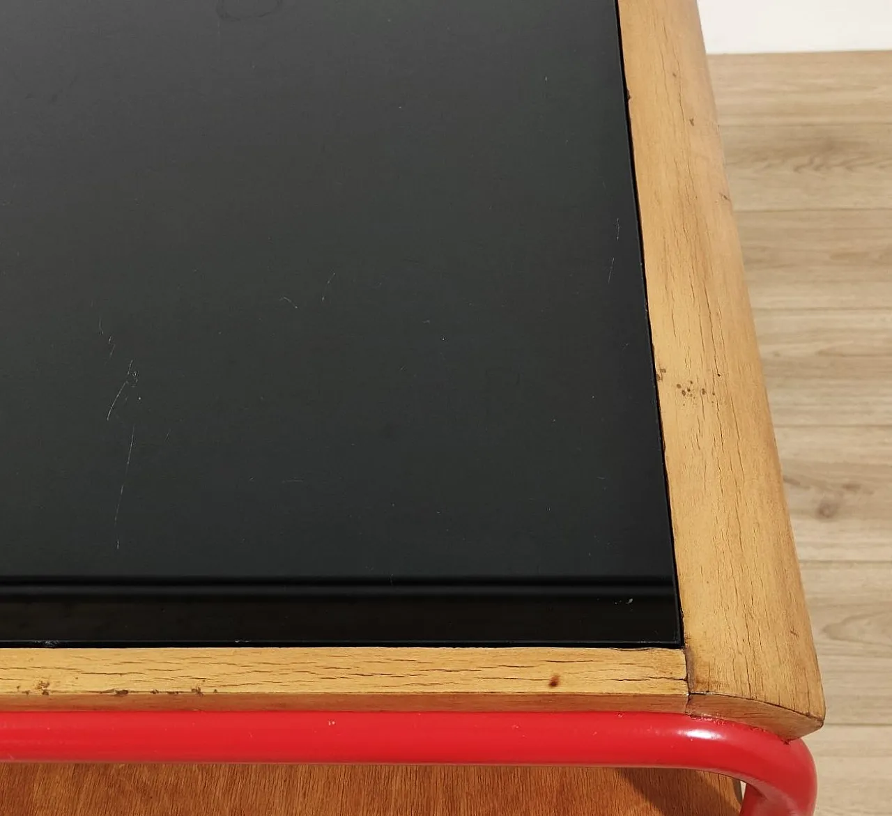 Bauhaus style desk in red tubular, wood and glass, 1950s 11