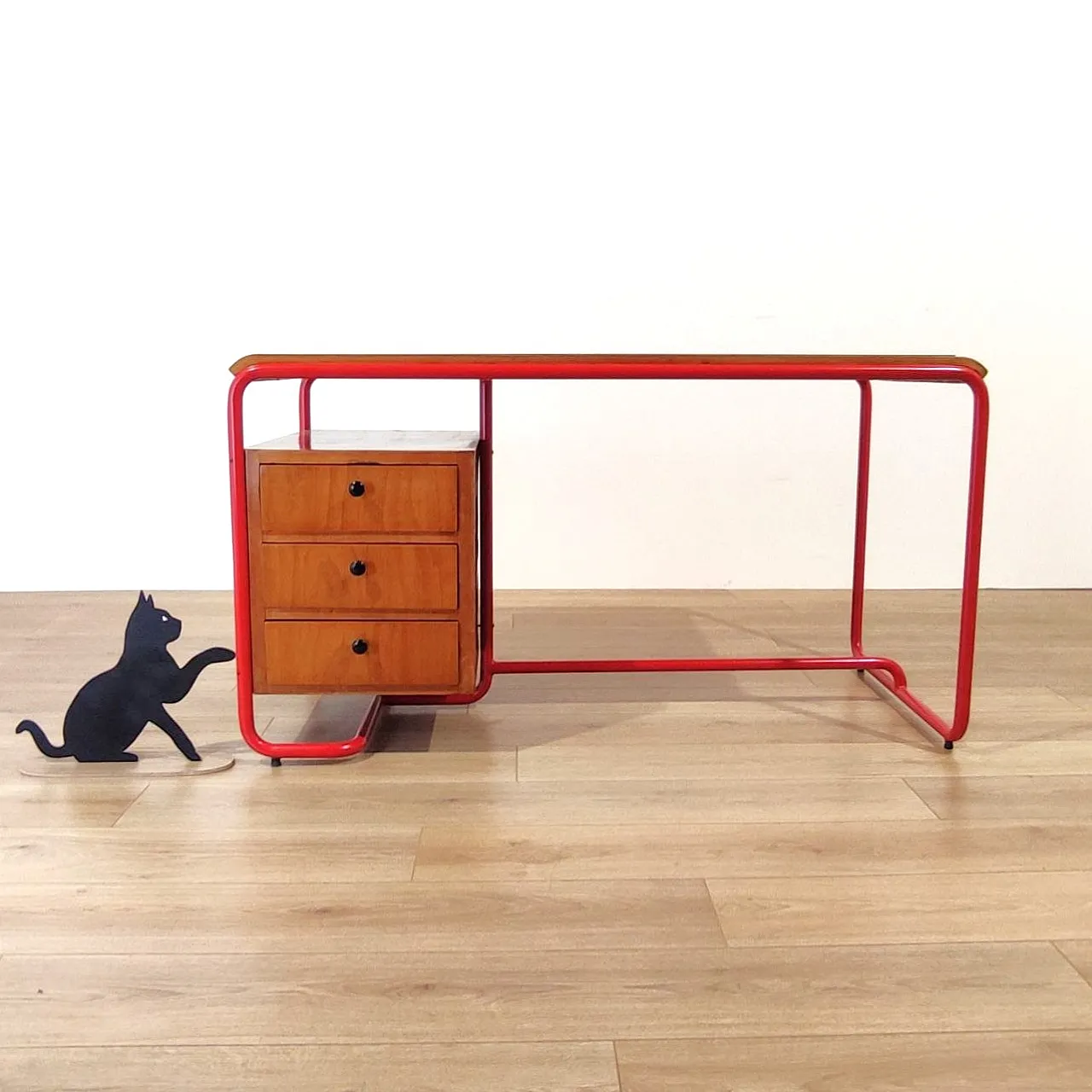 Bauhaus style desk in red tubular, wood and glass, 1950s 12