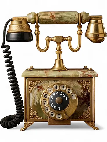Telefono Vintage in onice, marmo e ottone, anni '70